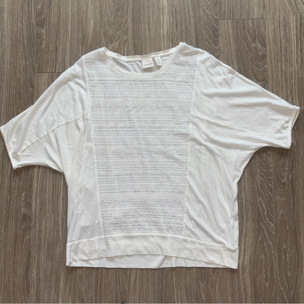 Chico's White Lace-Panel Dolman Short Sleeve Top